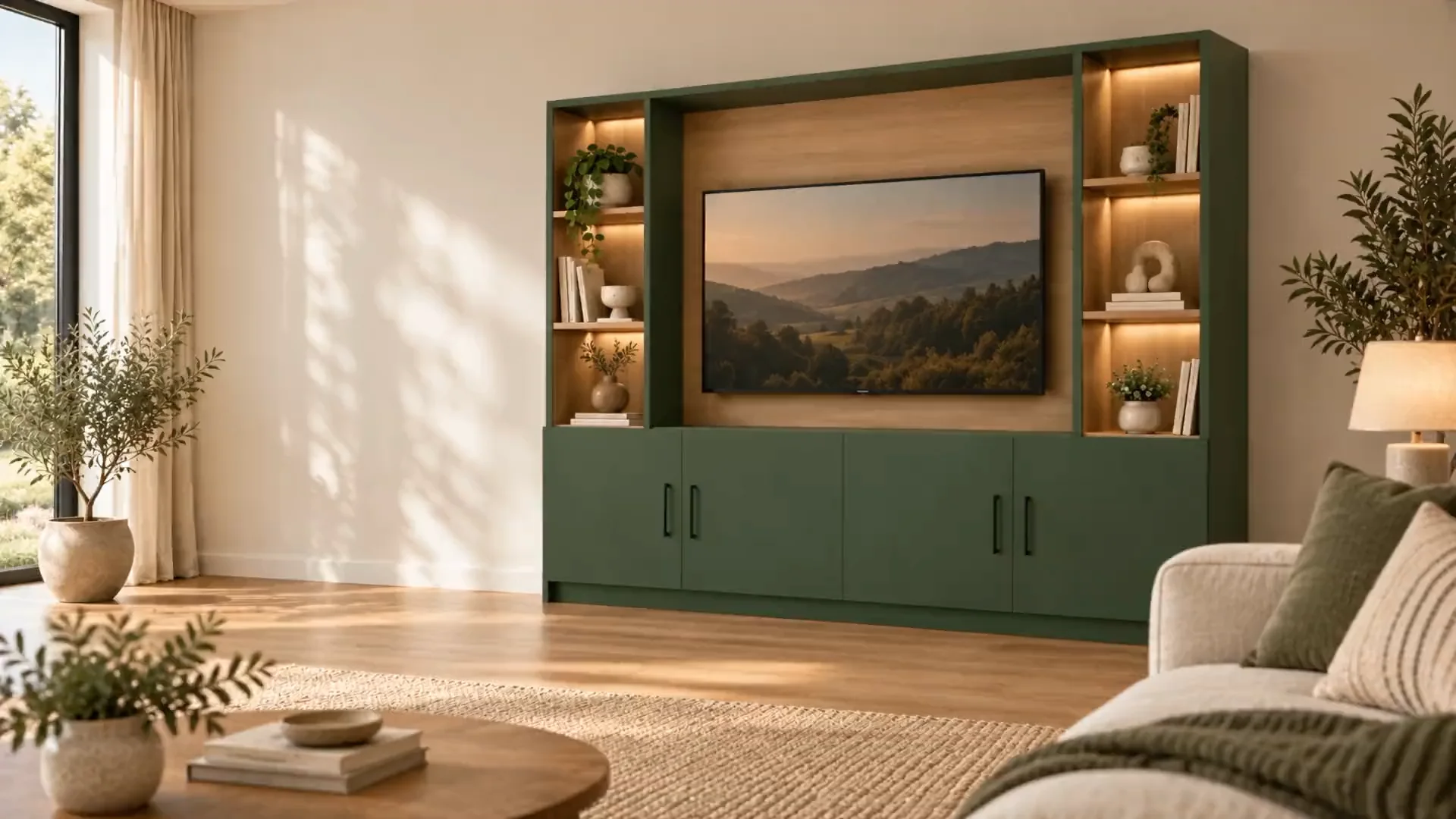 Illustrative forest-green media storage with two display towers and four base doors around a television zone