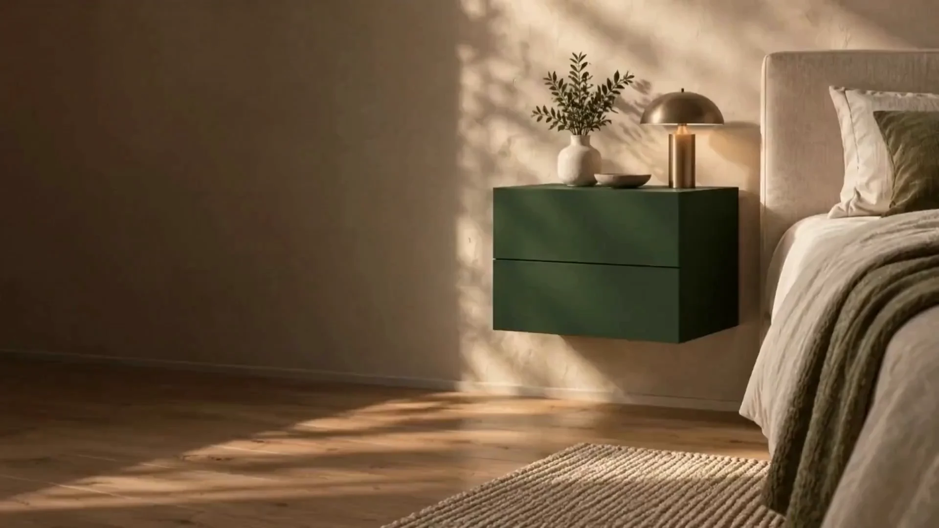 A forest green floating bedside cabinet with two handleless drawer fronts in a warm bedroom