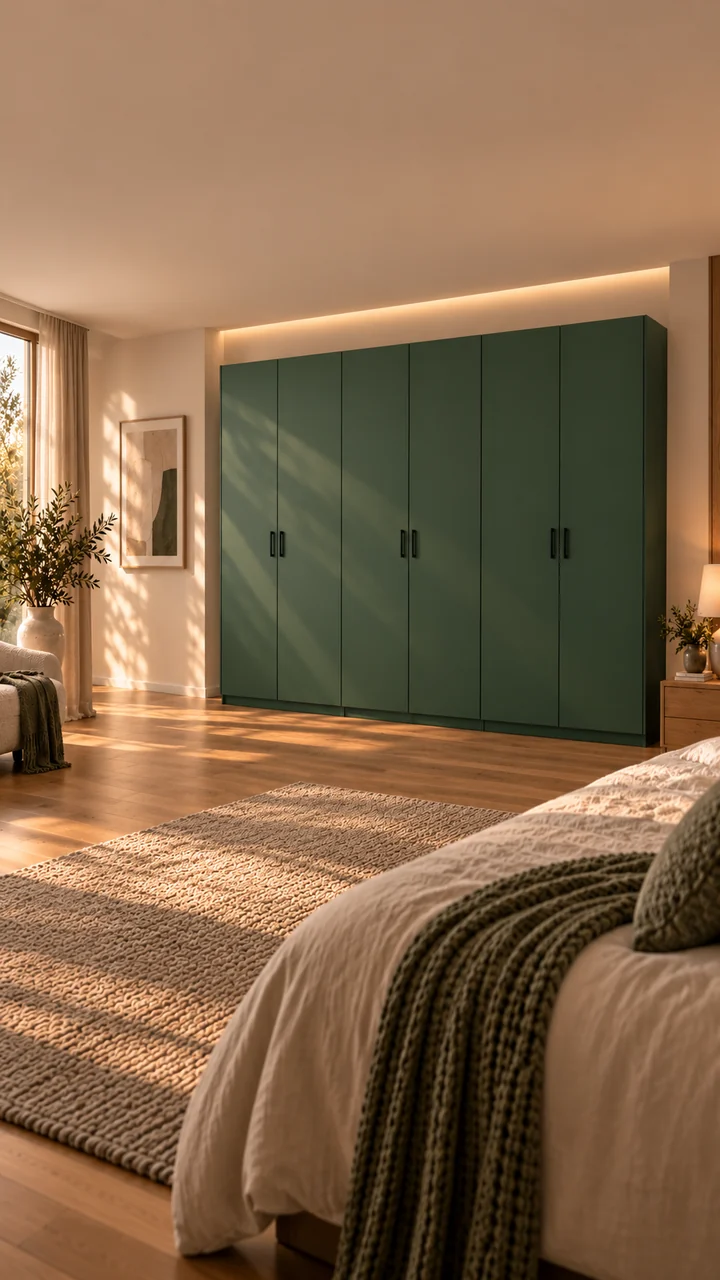 A complete six-door forest-green wardrobe wall with central shelving and hanging storage in a warm bedroom